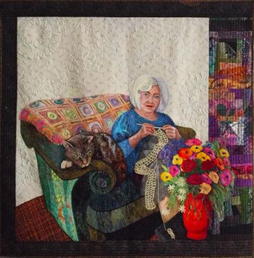 Multiple Award Winning Portrait Quilts by Fiber Artist Joy Clark -thread painting and applique 