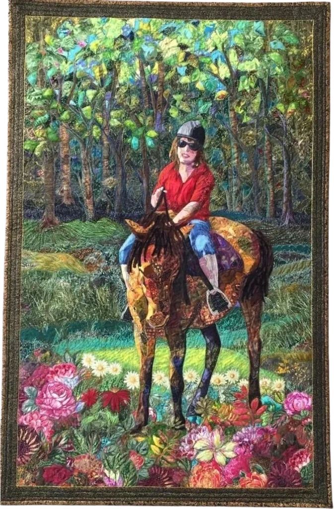 Fiber Artist Joy Clark. Portrait quilts featuring thread painting and applique and collage.