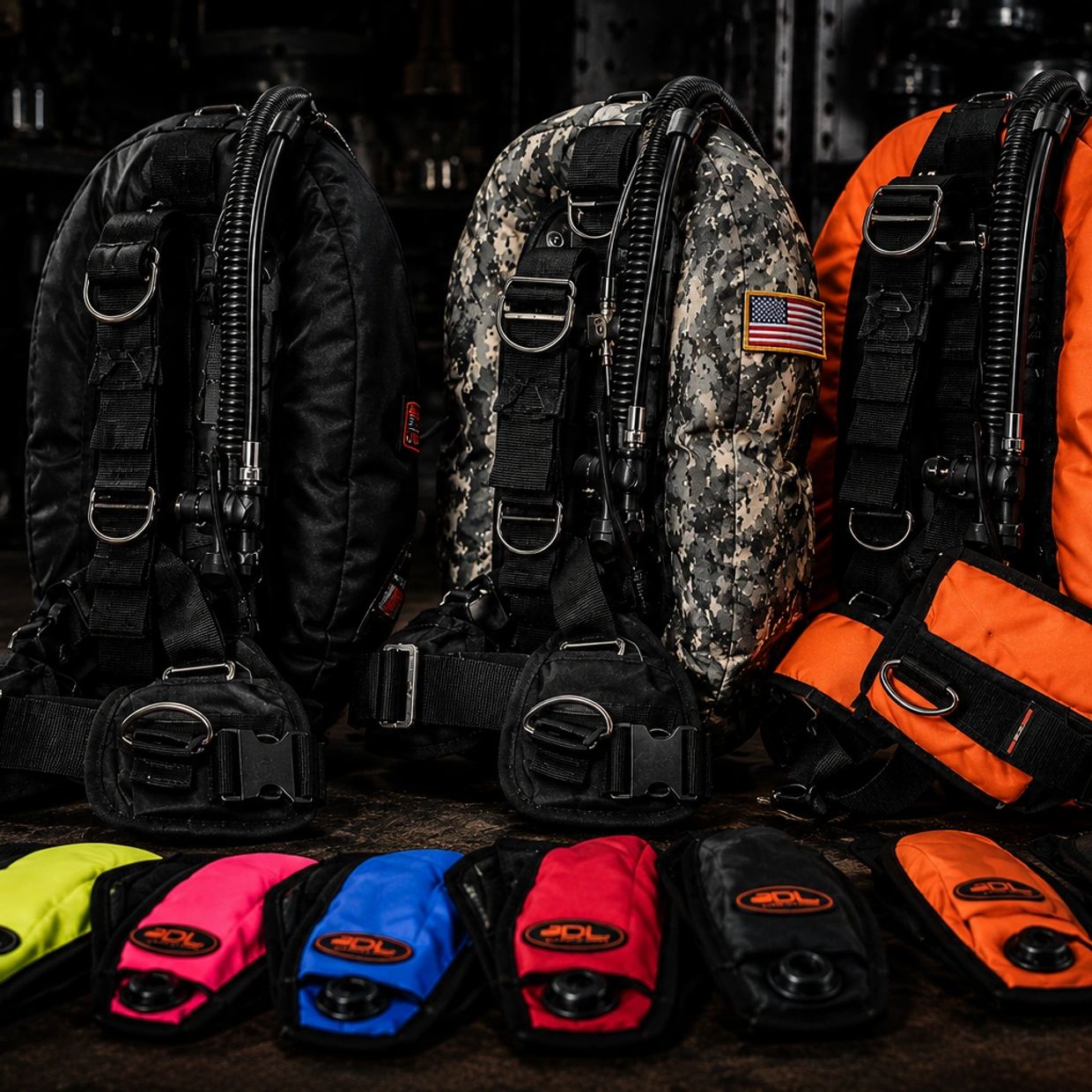 Three scuba diving buoyancy compensators with colorful weight pouches lined up.