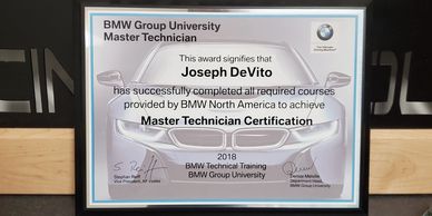 BMW Group University Master Technician awarded to Joe Devito of Devito Racing Compound in Fargo, ND