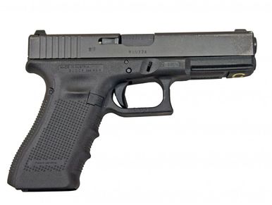Black semi-automatic Glock pistol on a white background.