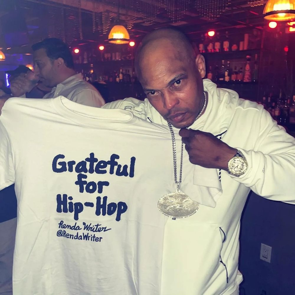 Sticky Fingaz of Onyx with his “Grateful for Hip-Hop” T-Shirt by Renda Writer