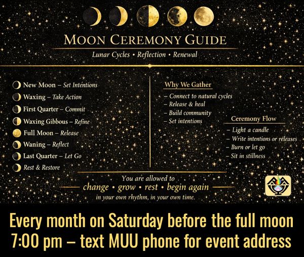 Moon Ceremony Guide explaining lunar phases and monthly full moon gatherings.