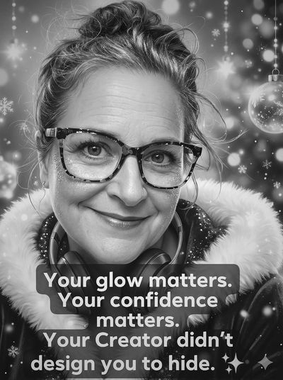 Woman with glasses smiles warmly against a festive, glowing backdrop with an inspiring message.