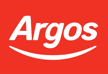 Argos logo with white text on a red background and a curved smile underneath.