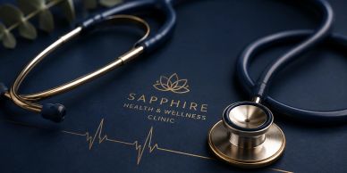 Stethoscope on Sapphire Health &amp; Wellness Clinic folder with heartbeat graphic.