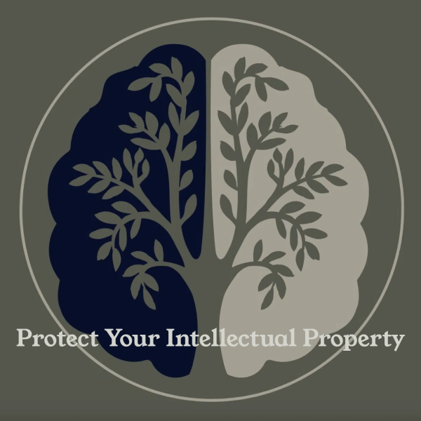 Brain illustration with tree branches and text 'Protect Your Intellectual Property'.