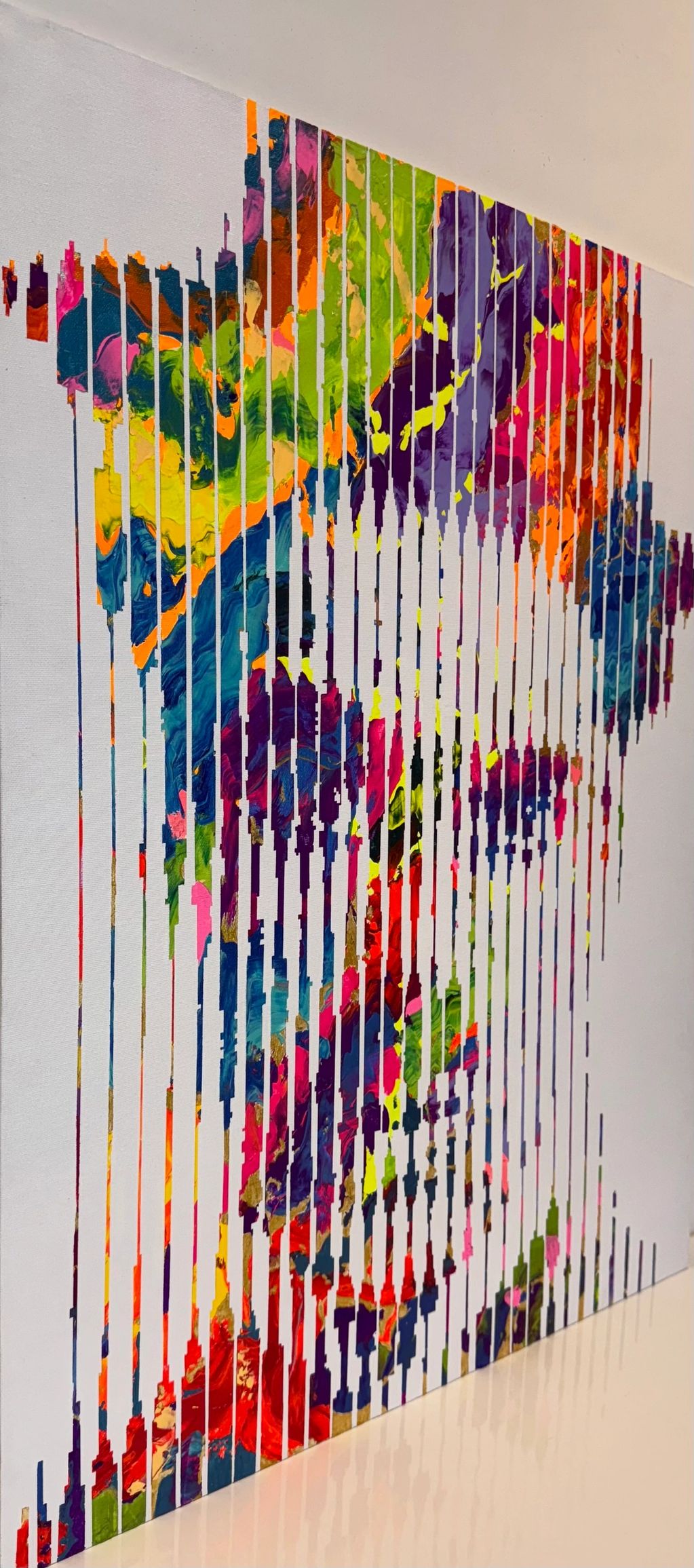 CHARLIE DIPPED IN COLOURS
AOC-CDC243033
24*30” Acrylic on canvas
Hand painted with 33 colourful stri