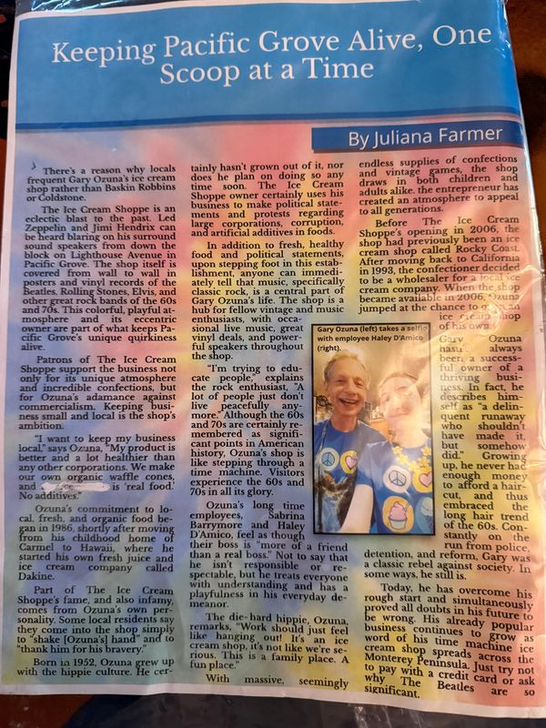 Article about Gary Ozuna and the Ice Cream Shoppe in Pacific Grove.