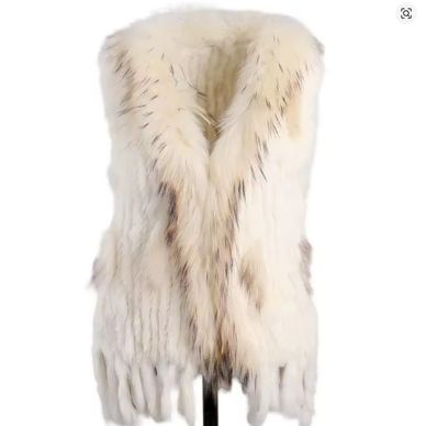 BOONJOVIA Women's 100% Real Rabbit Fur Knitted Vest Raccoon Fur Trim Collar Gilet Lady Fashion Waist