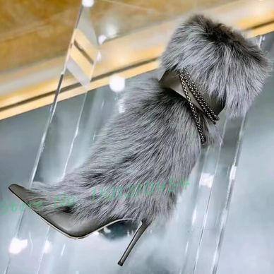 Grey Fur Chain Knee High Boots Women New In Fluff Pointy Belt Buckle High Heels Boots Luxury Winter 