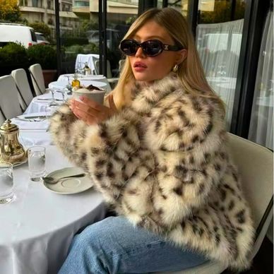Leopard Faux Fur Jackets Women Loose Thicken Long Sleeves Plush Warm Coats Female 2024 Winter New Ch