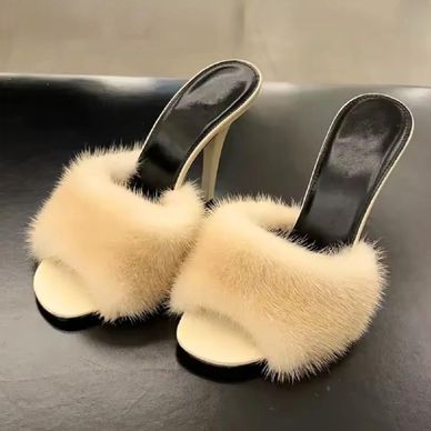 Mink fur high heels for women, slim heels, summer new style, open toe slippers, sexy fish mouth leat