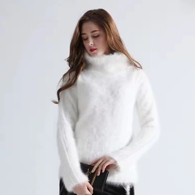 Women's Angora Turtleneck Sweater, Mink Cashmere Knitted Pullover, Long Sleeves, Wool Jumper, Knitte