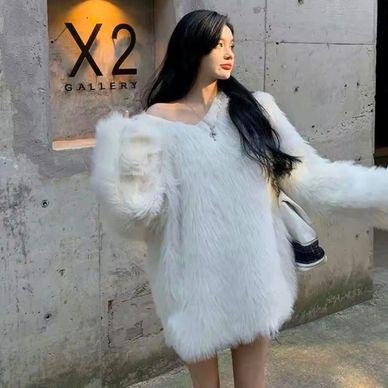 Fluffy Oversized Sweater Autumn Winter Women's Clothing Y2k Streetwear Mink V-neck Soft Pullover Jum