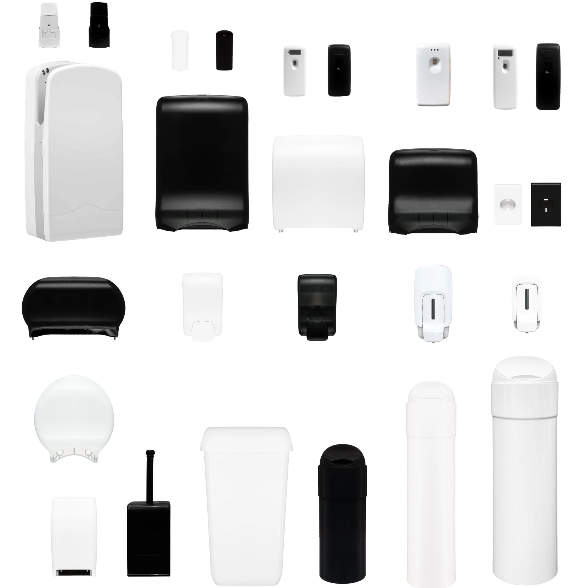 EDGE WASHROOM DISPENSERS in white and black collection of dispensers in various sizes and shapes