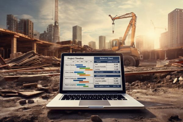 Laptop showing project timeline and balance sheet at a construction site.