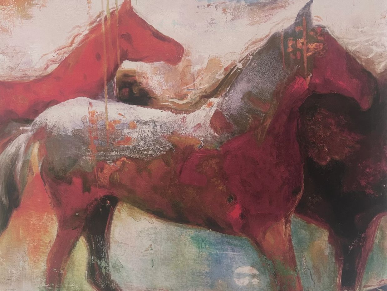 Abstract painting of three horses with vibrant colors and textured brushstrokes.