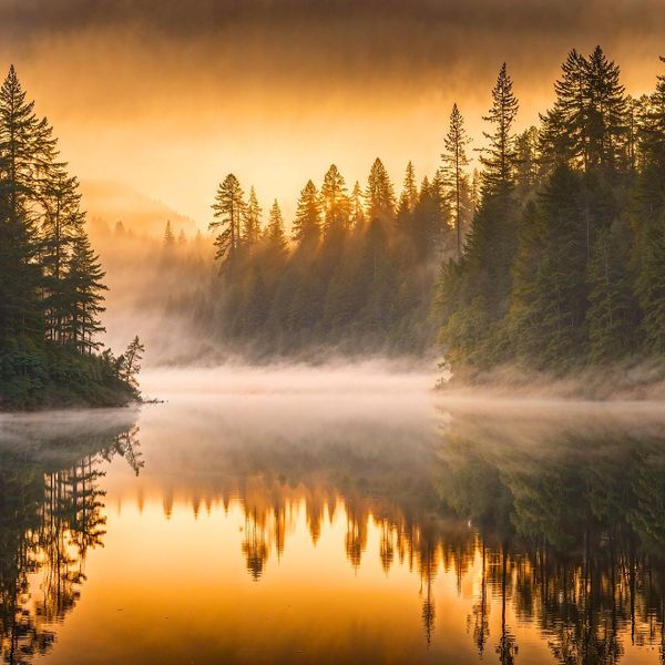 Sunrise over a misty forest lake with golden reflections.