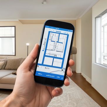 Hand holding smartphone displaying a home floor plan.