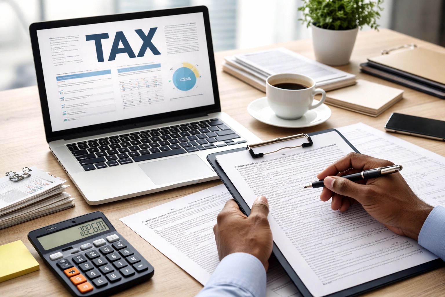 Tax preparation showing financial documents, calculator, and laptop by Burley & Smith Management LLC