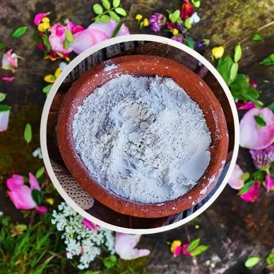 scrub, clay, herbs, oatmeal, pink flower