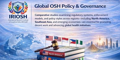 Global OSH policy and governance with international flags and books symbolizing regions.