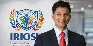 Confident man in suit standing beside IRIOSE logo with colorful laurel and figures.