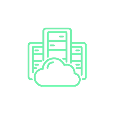 Green cloud computing icon with servers and a cloud symbol.