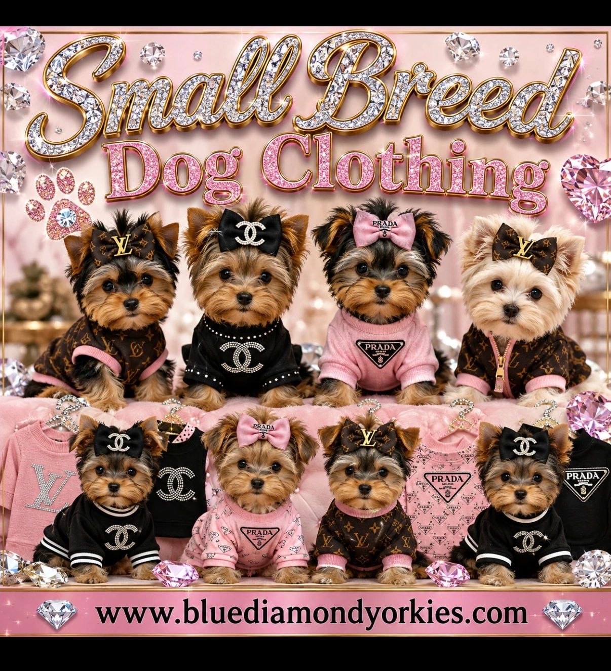 Small breed dogs modeling luxury clothing with designer logos.
