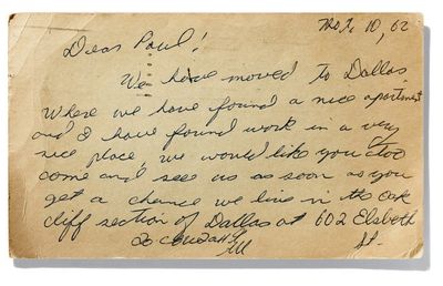 A postcard to Paul Gregory from the Oswalds, November 1962.  Postcard from the Hoover Institution