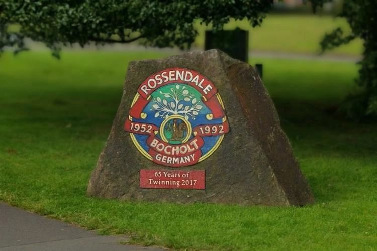 Sign in Rawtenstall showing Rossendale 1952-1992 - twinned wiht Bocholt in Germany to mark 65 years.
