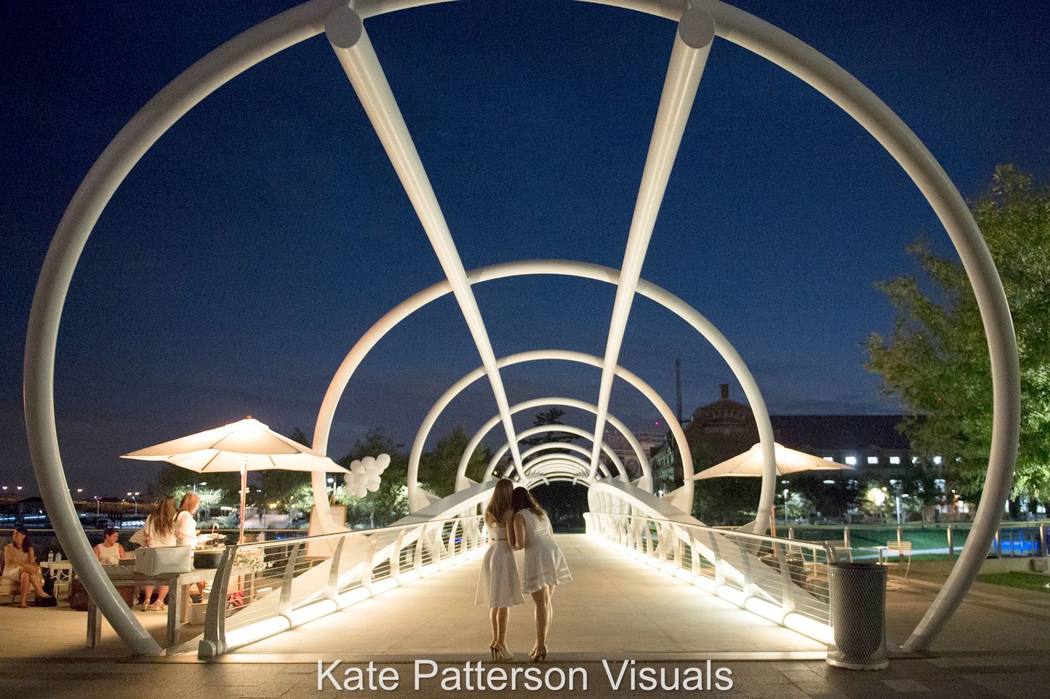 Two young women play on The Yards Park bridge in Washington, DC