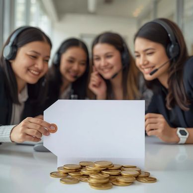 Four women with headsets smiling behind a pile of gold coins and a blank sign.