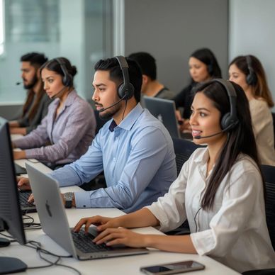Call center employees working with headsets in an office.