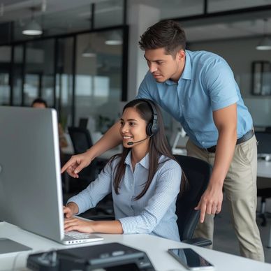 A man assists a woman wearing a headset at a computer in an office.