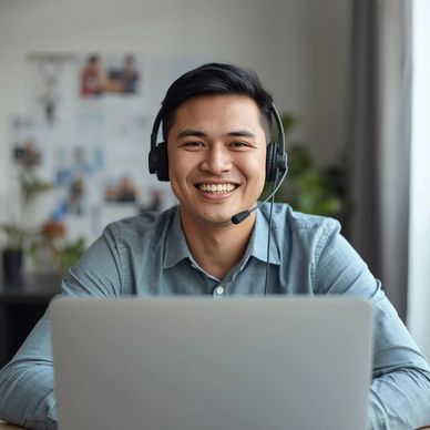 Smiling man with headset working on laptop, ready to assist.