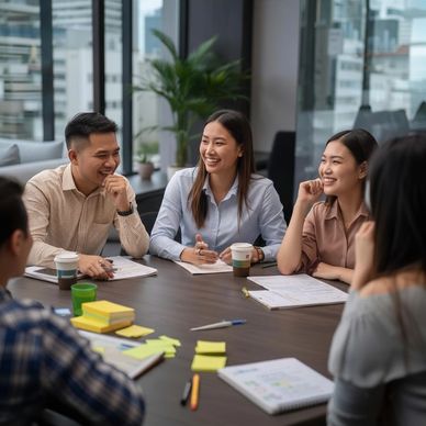 A group of young professionals smiling and discussing around a table in an office.