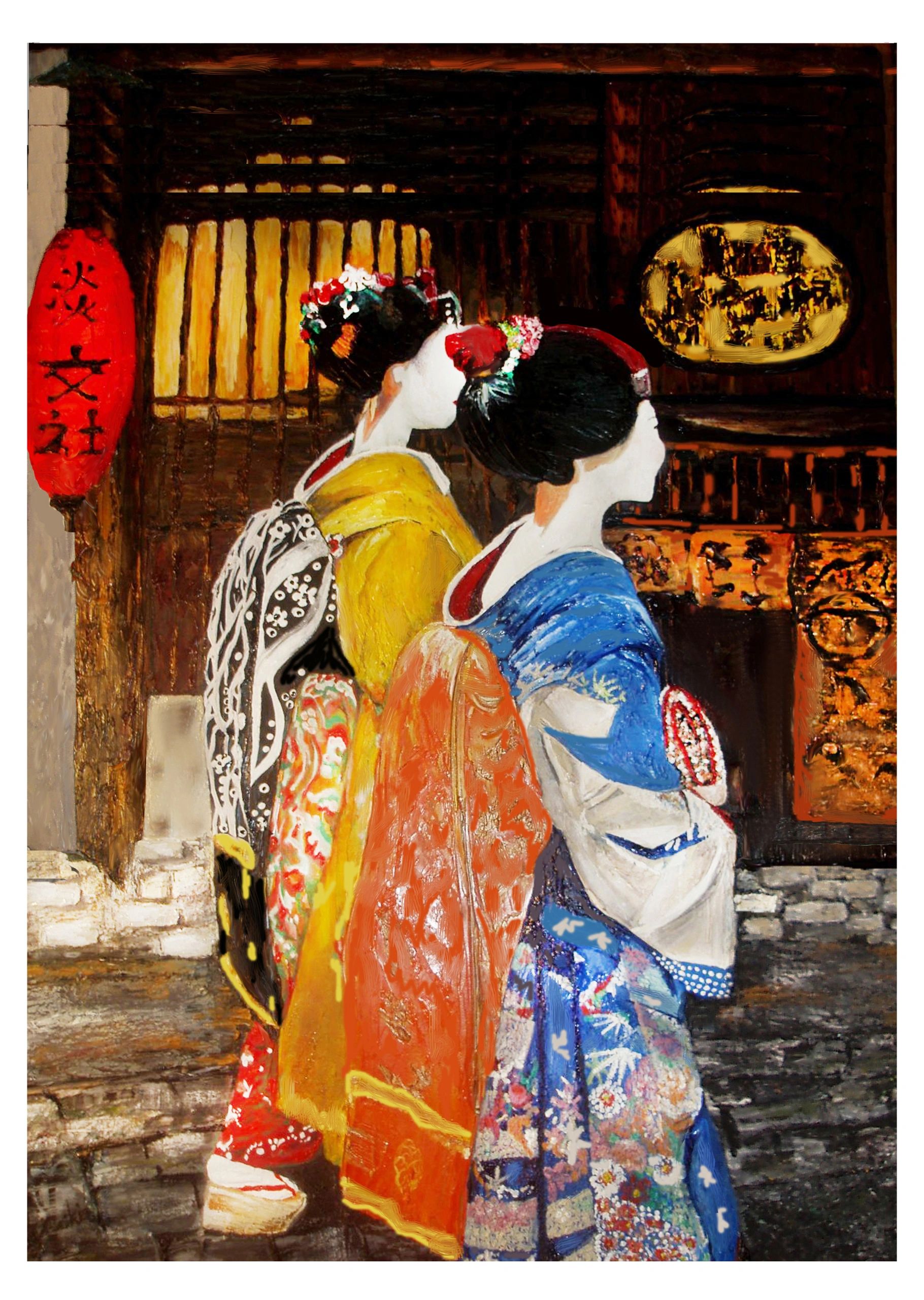 Two Maiko walking in Kyoto - oil painting by Saskia