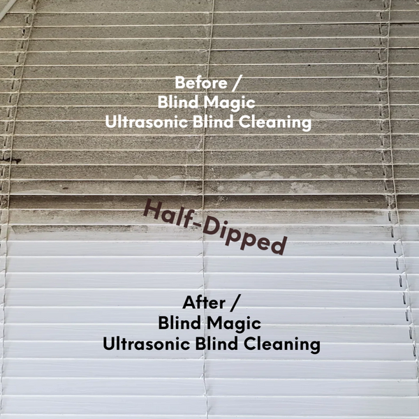 Half cleaned 2" Fauxwood blind Blind Magic Ultrasonic Blind Cleaning