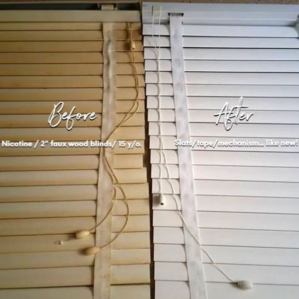 2" Faux Wood blinds before and after Blind Magic Ultrasonic Blind Cleaning