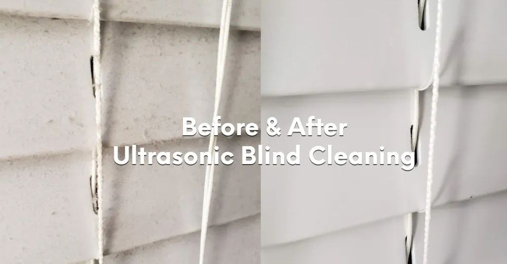 Before and after cleaning of window blinds.