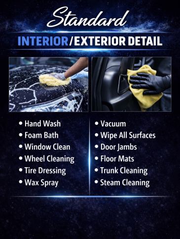 Standard interior and exterior car detailing services.