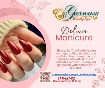 Elegant red gel manicure promotion for Greenaway Beauty Spa with hand massage and Dadi Oil finish.
