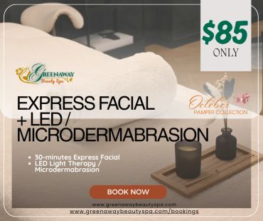 Promotional ad for express facial with LED/microdermabrasion at $85.