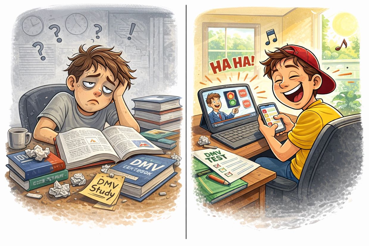 A boy struggles with DMV study books but enjoys an online DMV test.