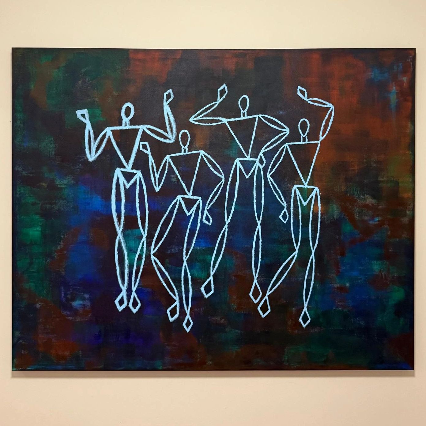 Abstract painting of four geometric human figures dancing with blue outlines on a dark multicolored background.