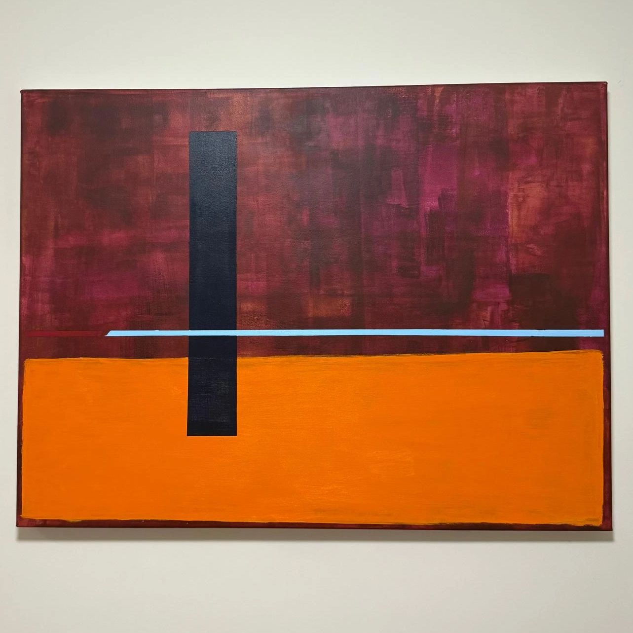 Abstract painting with bold orange, deep red, black vertical bar, and light blue horizontal line.