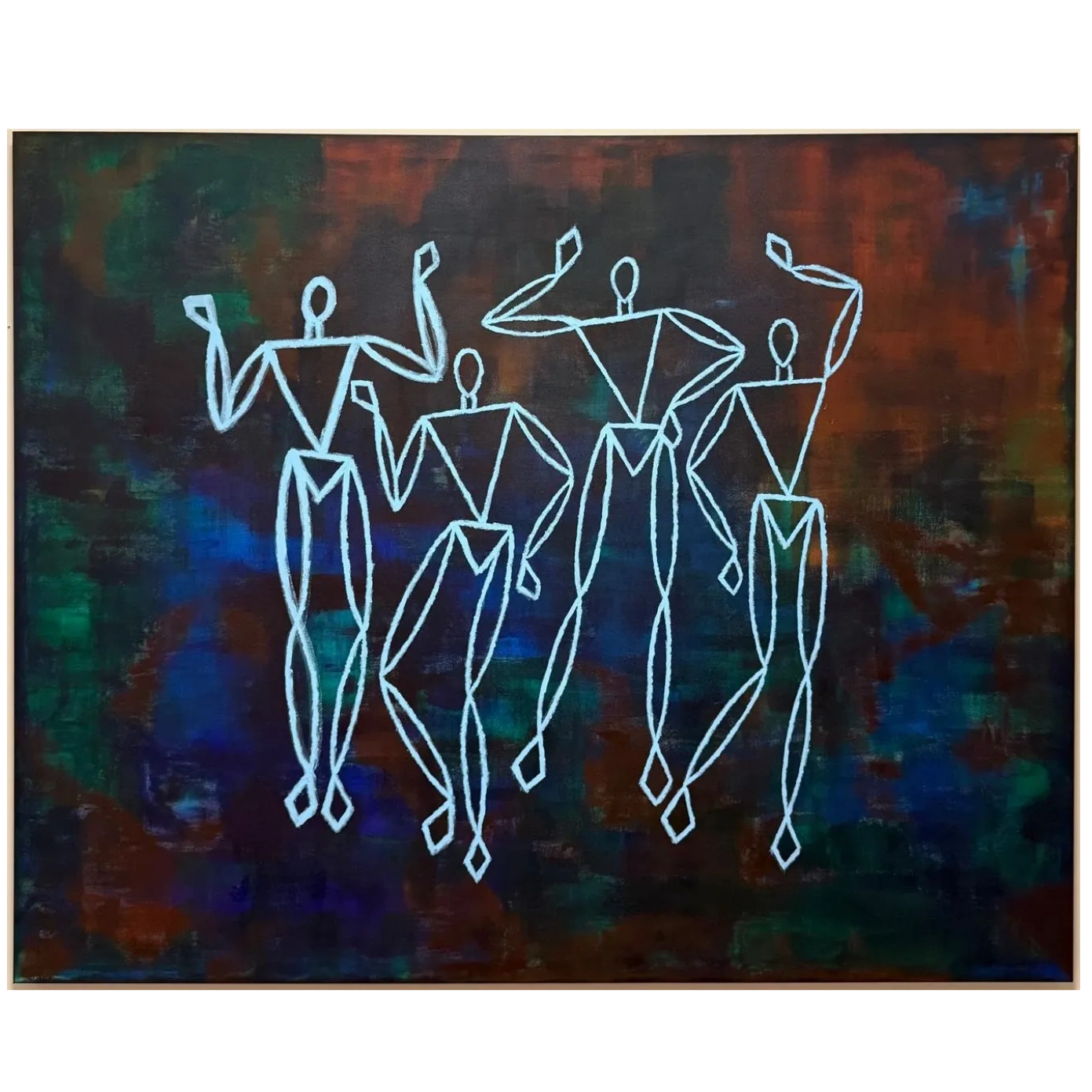 Abstract painting of four geometric human figures dancing with blue outlines on a dark multicolored background.