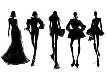 Cinque silhouette di moda femminile disegnate in nero.